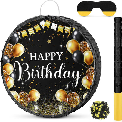 Sinmoe Birthday Piñata with Stick Blindfold and Confetti Large Piñata for Adult Men Women Birthday Party Supplies Decoration Wedding Anniversary(Black and Gold)