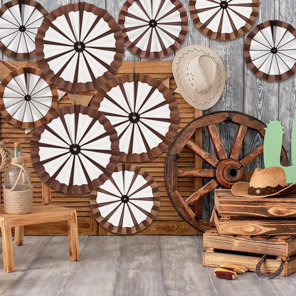 Outus 9 Pcs Western Cowboy Party Decorations Paper Fans Wagon Wheels Straw Hay Bales Hanging Ceiling Wall Decor for Country Western Themed Rodeo Farm Birthday Party Supplies (Wagon Wheels)