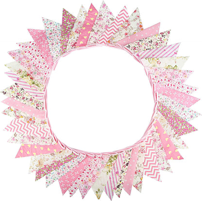 jijAcraft 39Ft Triangle Bunting Banner, 42Pcs Tea Floral Party Bunting Cotton Fabric Flags Pennant Garlands for Birthday Party, Wedding, Baby Shower, Outdoor and Home Decorations (Pink)