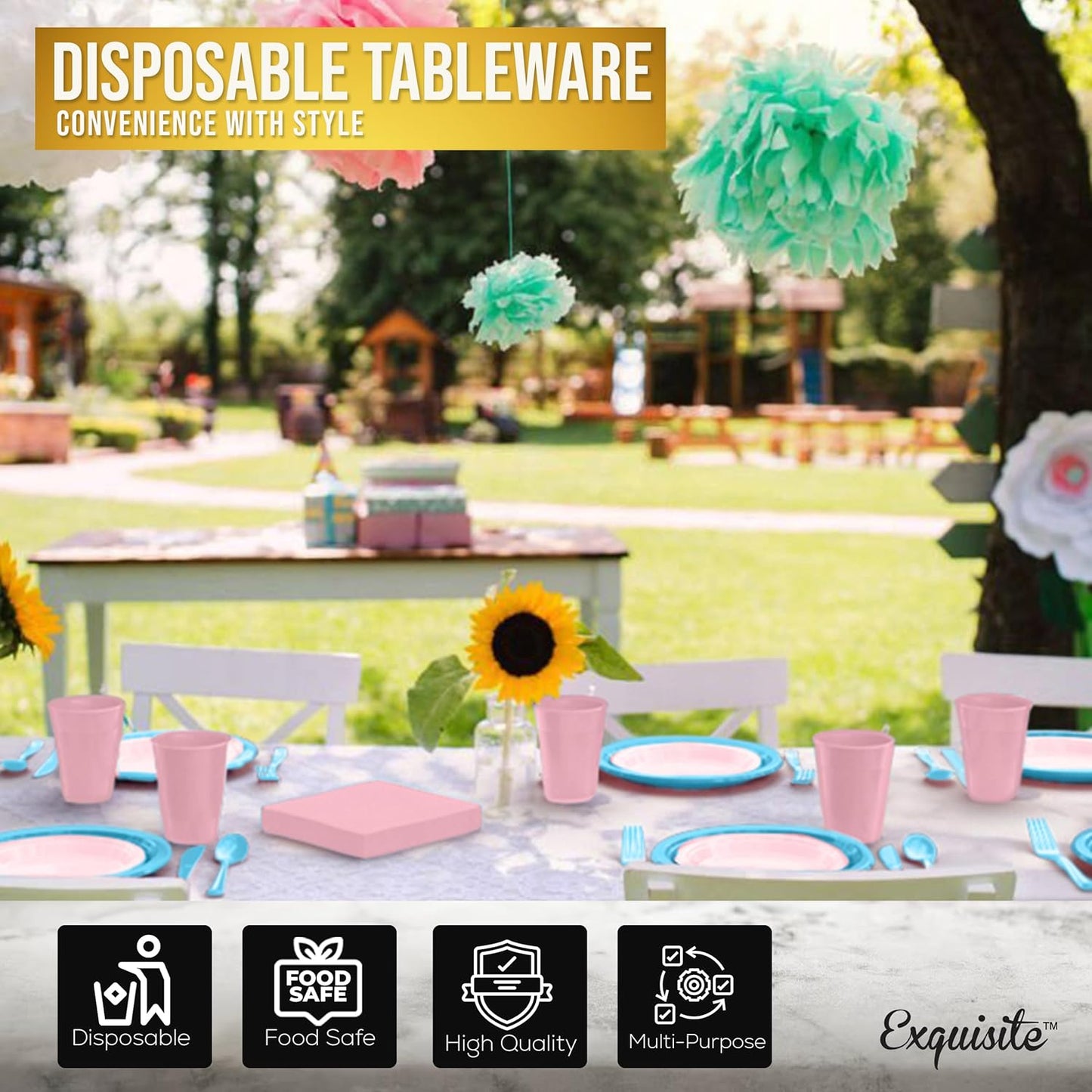 350 Pcs Black Plastic Plates For Party, Black Disposable Plates Set, 50 Of Each 9" Dinner Plate Set, 7" Dessert Plate, Cups, Napkins & Cutlery Plastic Dinnerware Set Exquisite