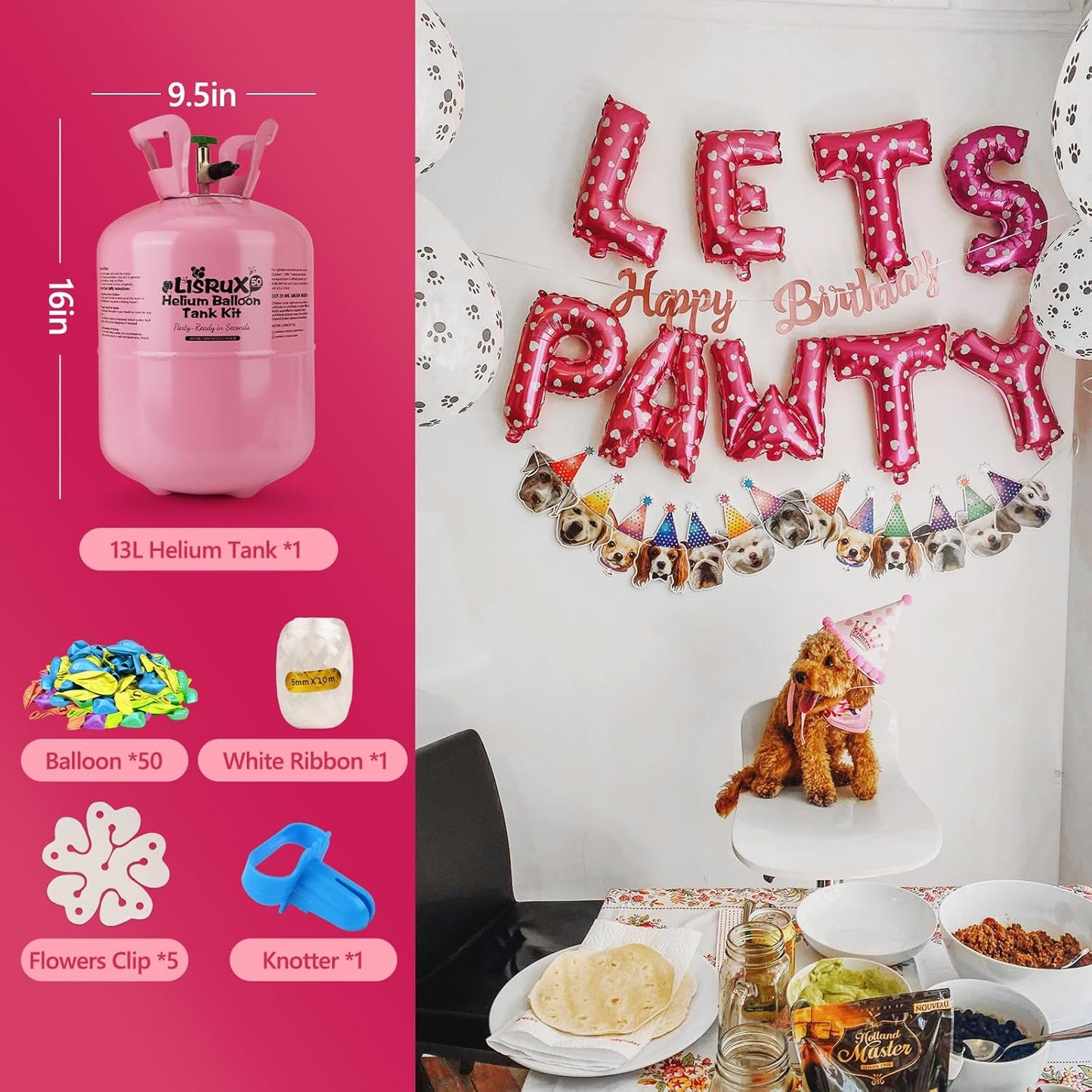 13L Helium Tank Up To 50 Latex Balloons, Helium Tank For Balloons At Home, 50 Latex Balloons And Ribbons Included