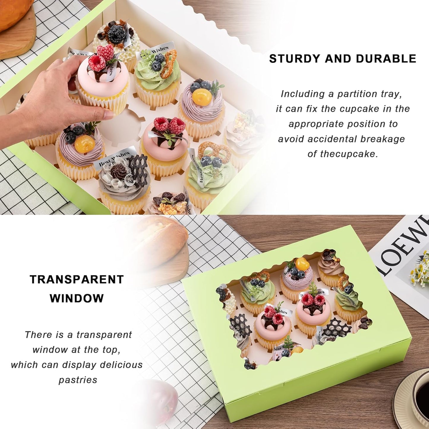 Hoewina 6PCS Cupcake Boxes - Hold 12 Count Cupcake Containers with Window, Food Grade Cupcake Holder Easy Transport and Presentation - Ideal for Cupcakes, Desserts, and More
