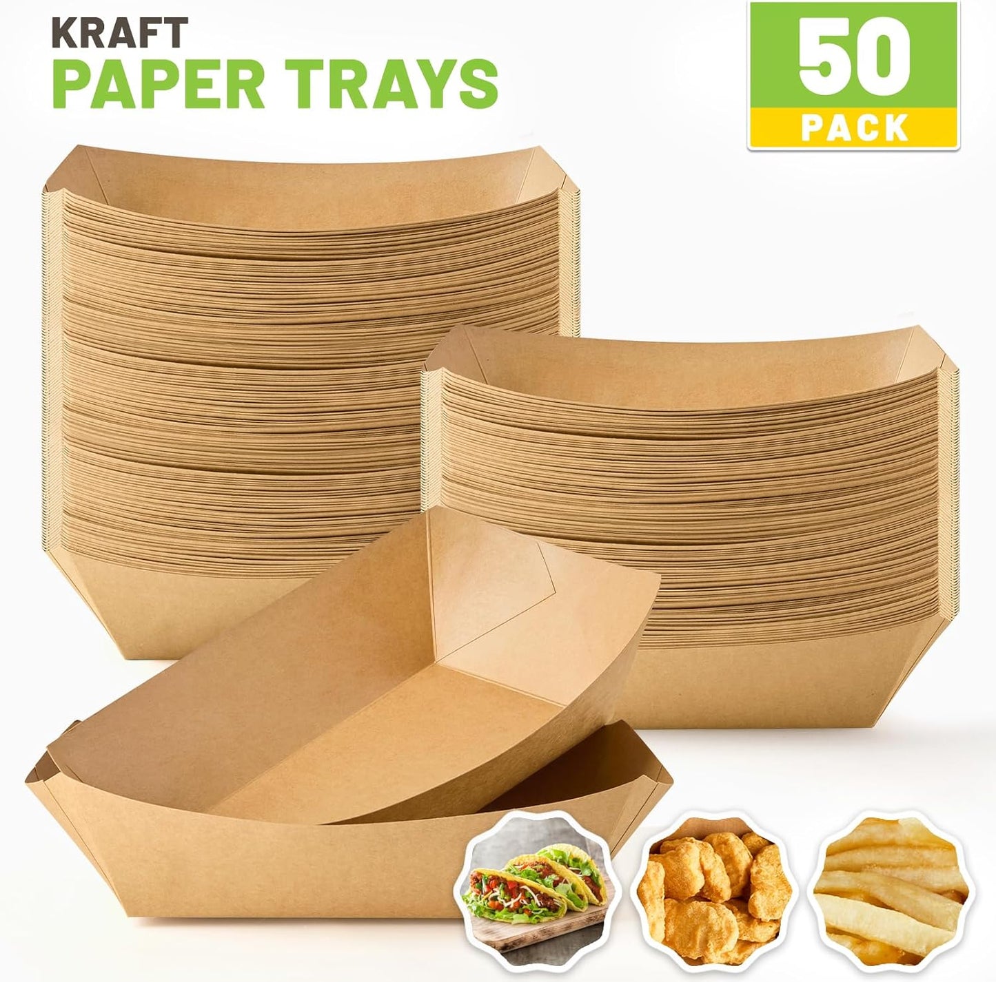 ZORRITA 3 Lb Paper Food Trays - 50 Pack Disposable Nacho Trays, Kraft Paper Food Boats Taco Holders Party Serving Baskets for Hot Dogs Snacks Tacos Fries