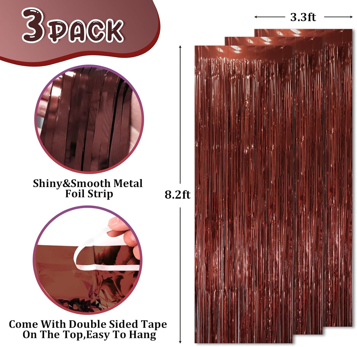 Voircoloria 3 Pack 3.3x8.2 Feet Gold Foil Fringe Backdrop Curtains, Tinsel Streamers, Fringe Backdrop for 2025 New Years Eve, Graduation, Birthday, Baby Shower, Gender Reveal, Disco Party - Colors B