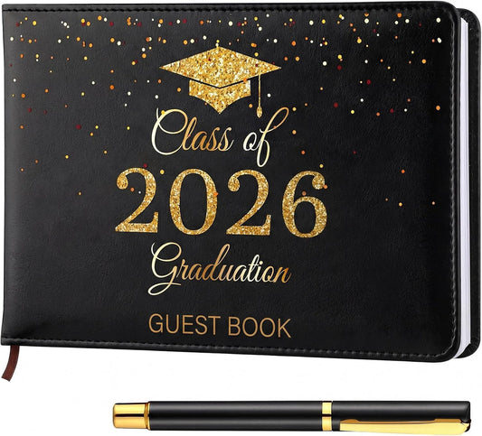 Frienda 2026 Graduation Guest Book Leather Guest Sign in Book with Pen Graduation Party Favors Congratulation Graduates Signature Books(Class of 2026,Black, Gold)