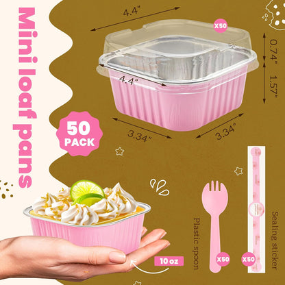 NPLUX 50 Pcs Mini Cake Pans with Lids and Spoons Aluminum Foil Mini Square Baking Cups with Lids Disposable Ramekins Cake Pans Dessert Cups for Wedding Mothers Day Gifts Party Favors(Pink,5oz)