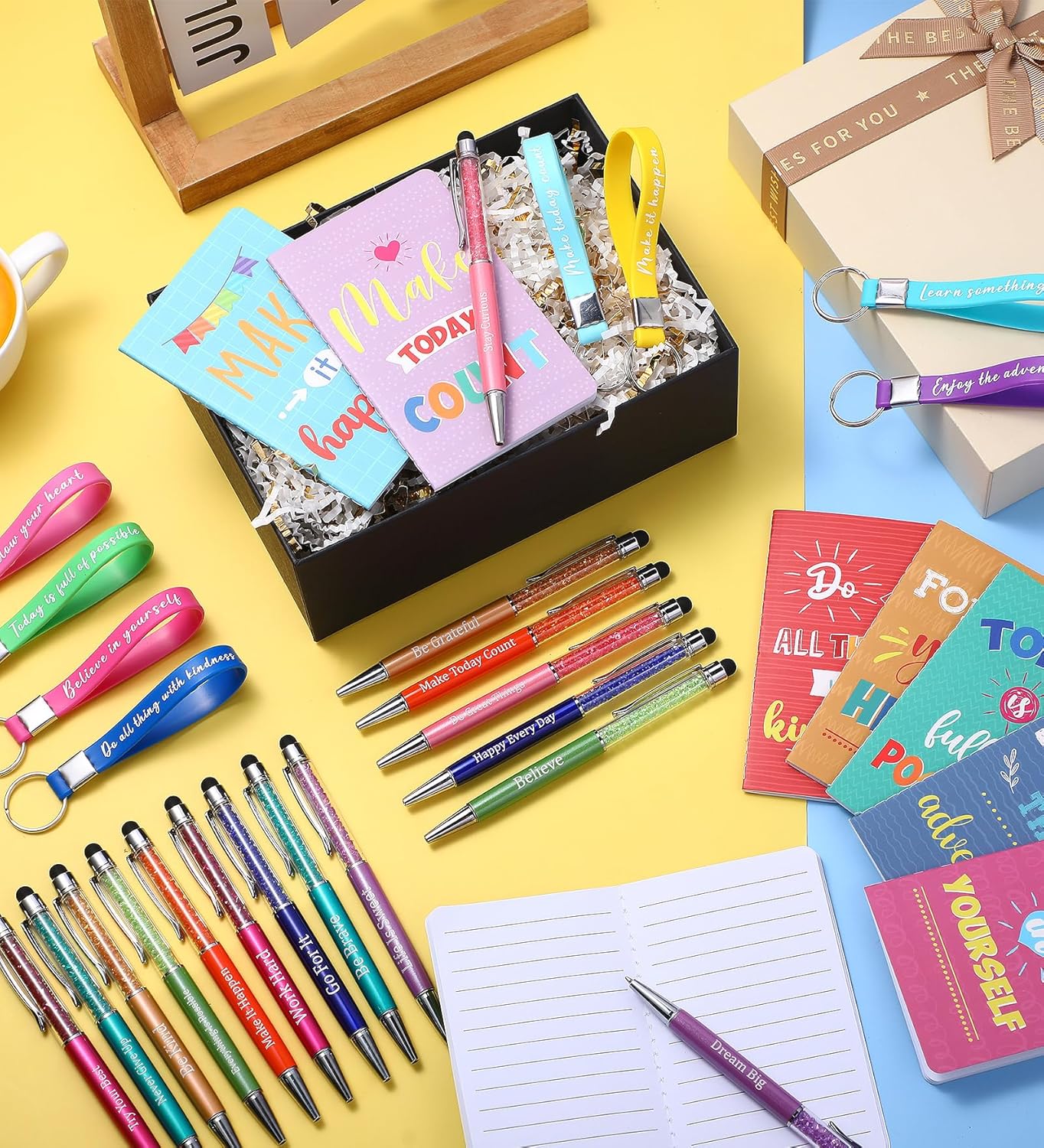 PerKoop 48 Pcs Inspirational Gifts Bulk Motivational Notepads Ballpoint Pens Keychains Set Modern Farmhouse Journal Notebooks Christian Gifts for Teachers School Office Party Favor Supplies