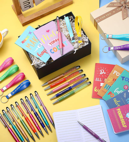 PerKoop 48 Pcs Inspirational Gifts Bulk Motivational Notepads Ballpoint Pens Keychains Set Modern Farmhouse Journal Notebooks Christian Gifts for Teachers School Office Party Favor Supplies