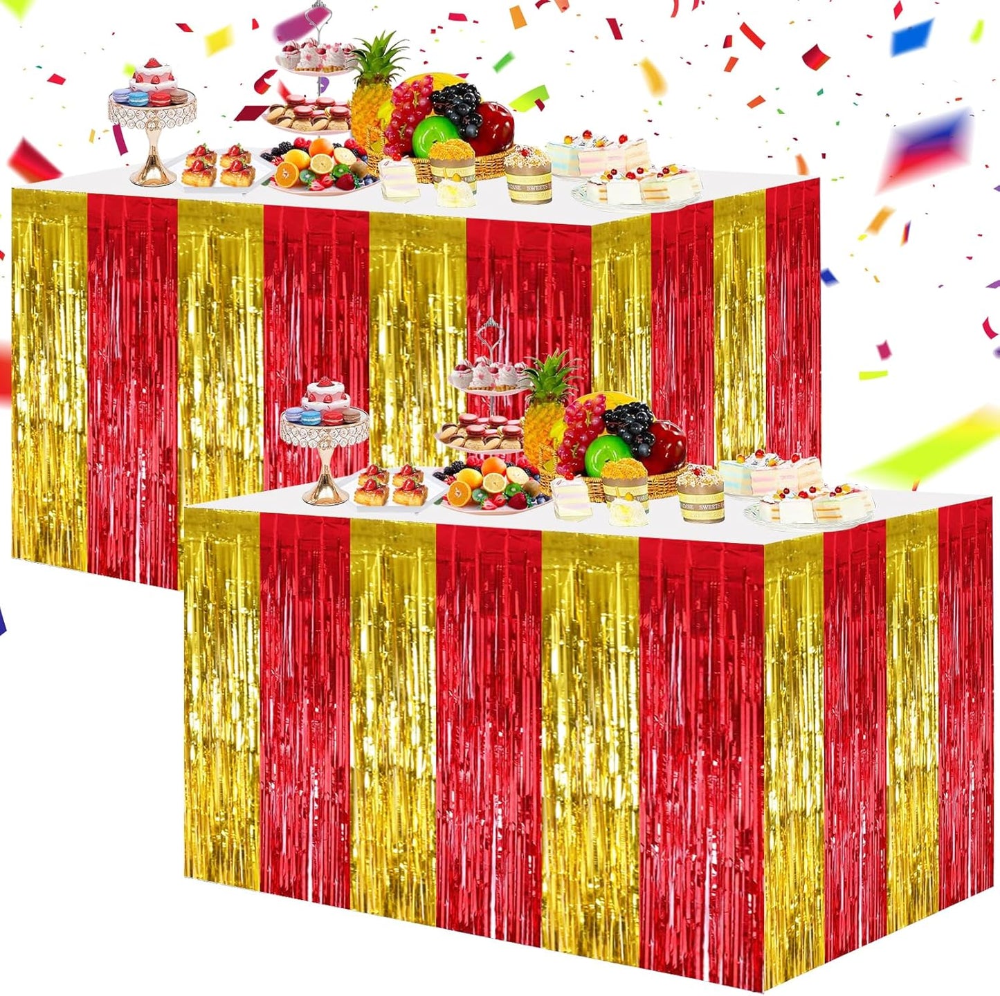 BEISHIDA 2 Pack Metallic Tinsel Foil Fringe Table Skirts for Rectangle & Round Tables Hot Pink Kids' Birthday, Holiday Cartoon Party Decorations for Birthday Valentines Baby Shower Festive Events