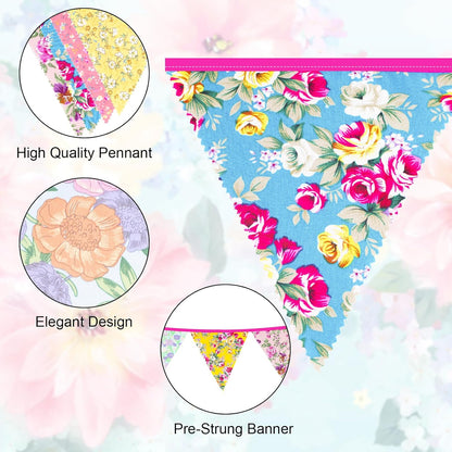 jijAcraft 39Ft Triangle Bunting Banner, 42Pcs Tea Floral Party Bunting Cotton Fabric Flags Pennant Garlands for Birthday Party, Wedding, Baby Shower, Outdoor and Home Decorations (Pink)