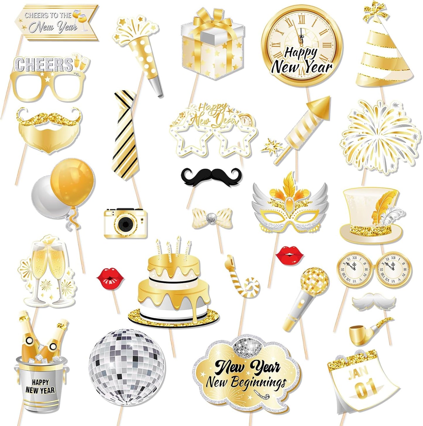 HOWAF 29PCS White Gold Happy New Year Photo Booth Props with Photo Frame,2026 New Year Decoration Selfie Props, Gold Glitter Photos Prop Kit for NYE Party, 2026 NYE Cheers Selfie Prop Kit