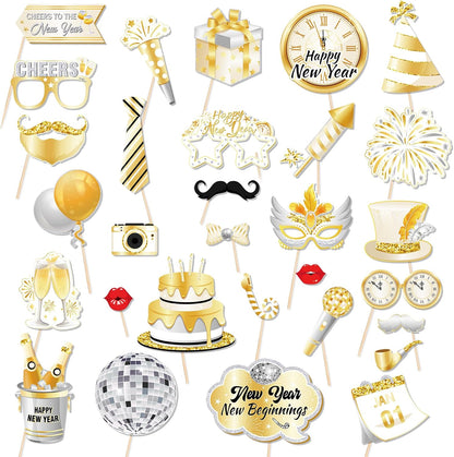 HOWAF 29PCS White Gold Happy New Year Photo Booth Props with Photo Frame,2026 New Year Decoration Selfie Props, Gold Glitter Photos Prop Kit for NYE Party, 2026 NYE Cheers Selfie Prop Kit