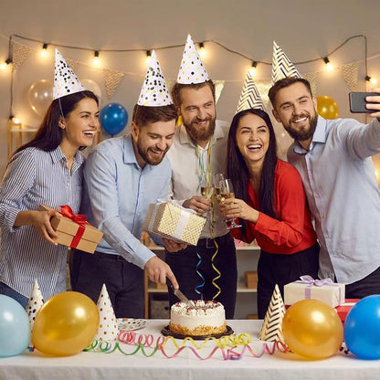 Boieo Party Hats Birthday Cone Set Gold Polka Dot Striped Paper for Adults Kids Happy Birthday Party Decorations 12 Pcs