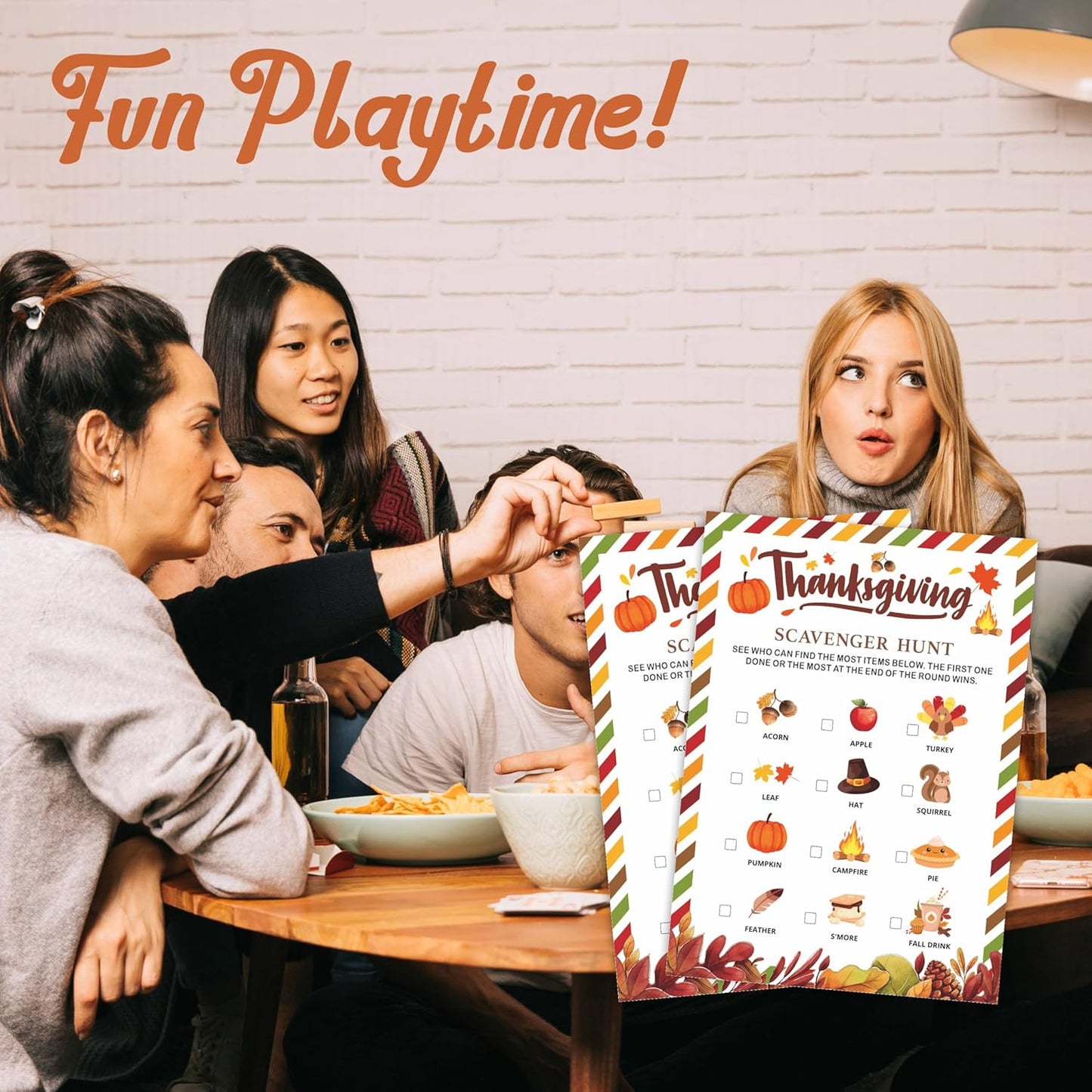 Thanksgiving Scavenger Hunt Game Set, 30 Harvest Stripes Theme Double-Sided Game Cards for Thanksgiving Parties, Family, Friends & Classroom Activities -B04
