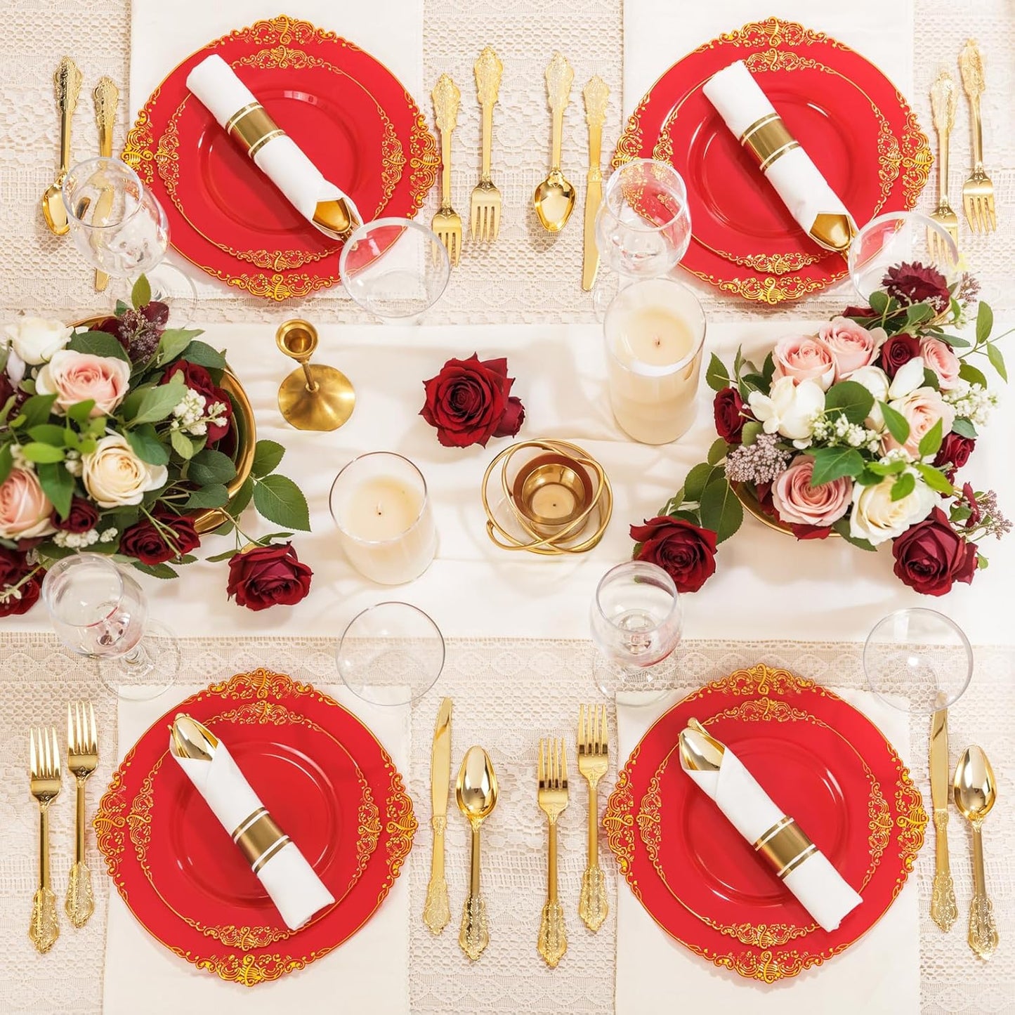 Nervure 350PCS Gold Plastic Plates - Gold Plastic Dinnerware Sets for 50 Guests - 100 Disposable Plates, 150 Silverware, 50 Cups, 50 Napkins for Wedding & Party & Mothers Day