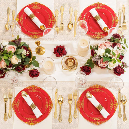 Nervure 350PCS Gold Plastic Plates - Gold Plastic Dinnerware Sets for 50 Guests - 100 Disposable Plates, 150 Silverware, 50 Cups, 50 Napkins for Wedding & Party & Mothers Day