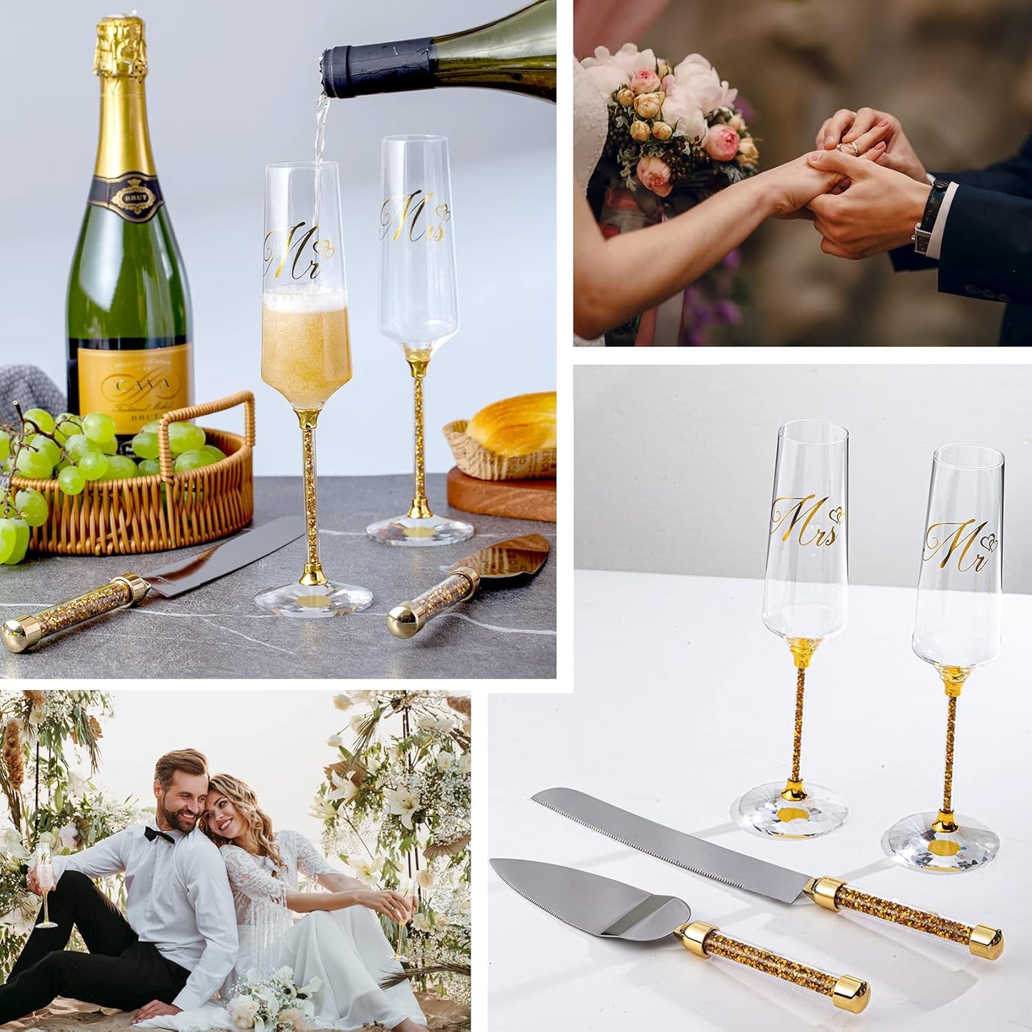 Wedding Cake Knife and Server Set, Mr and Champagne Flutes with Wedding Cake Cutting Set for Bride and Groom Toasting (Clear)