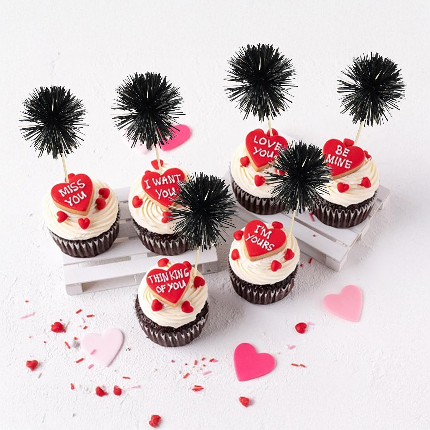 Ephlyn 30Pcs Foil Firework Cupcake Toppers Sparkle Tinsel Cupcake Picks Drink Stirrers Cocktail Food Fruit Toothpicks for Baby Shower Graduation Party Supplies White