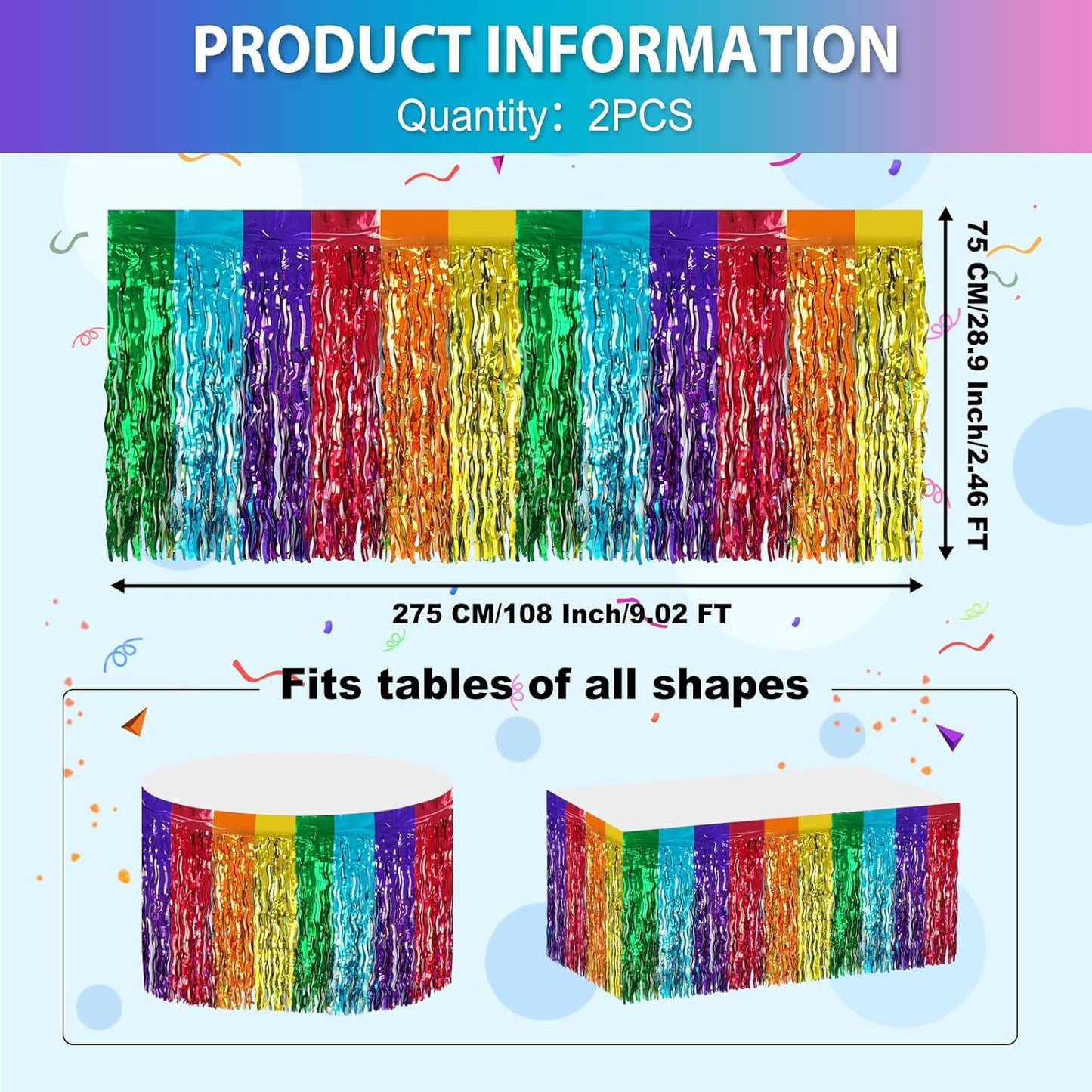2 Pack 29.5x108 Inch Silver Foil Tinsel Fringe Table Skirts, Disposable Table Skirts for Rectangle Tables Curtains Backdrop Parade Wedding Floats Baby Shower Birthday Mardi Gras Party