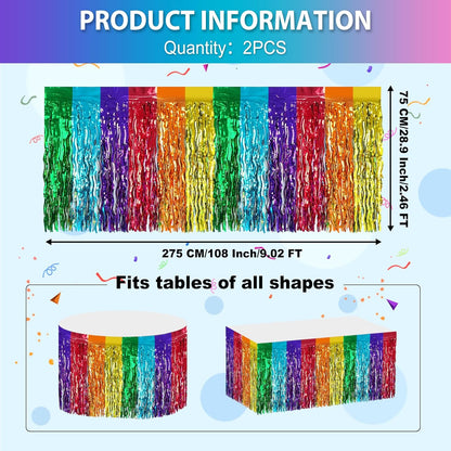 2 Pack 29.5x108 Inch Silver Foil Tinsel Fringe Table Skirts, Disposable Table Skirts for Rectangle Tables Curtains Backdrop Parade Wedding Floats Baby Shower Birthday Mardi Gras Party