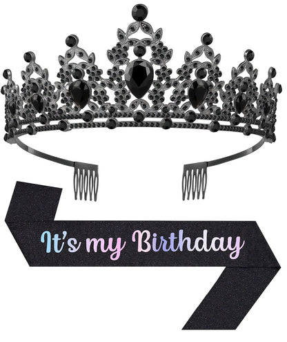 Birthday Tiara and Crown with Sash, Birthday Tiara for Women Party Silver