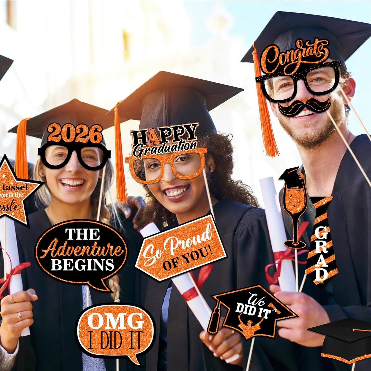 46Pcs Blue Gold Graduation Photo Booth Props 2026 Graduation Decorations with Sticks Class of 2026 Grad Party Favors Supplies for High School & College
