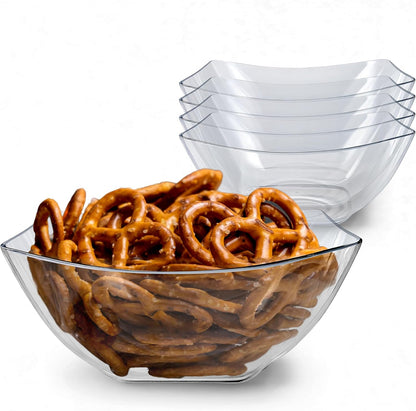 64oz Clear Plastic Serving Bowls (4 Pack) Large Disposable Candy Dishes, Square Plastic Buffet Containers for Chips, Snacks, Mints, Salad Bar, Snack Bowl Parties, Office, Bridal Shower, Party Supplies