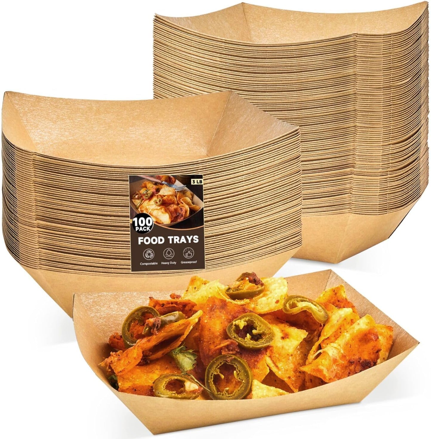 ZORRITA 3 Lb Paper Food Trays - 50 Pack Disposable Nacho Trays, Kraft Paper Food Boats Taco Holders Party Serving Baskets for Hot Dogs Snacks Tacos Fries