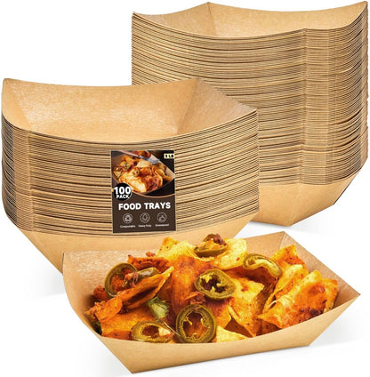 ZORRITA 3 Lb Paper Food Trays - 50 Pack Disposable Nacho Trays, Kraft Paper Food Boats Taco Holders Party Serving Baskets for Hot Dogs Snacks Tacos Fries