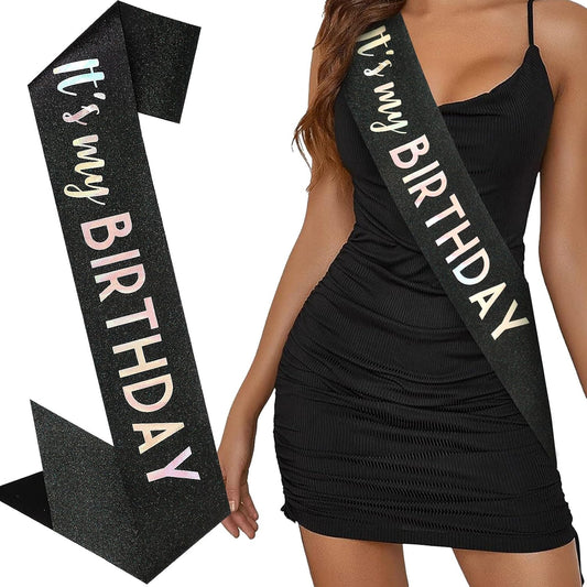 It's My Birthday Sash Black Glitter Sash with Hot Pink Foil Happy Birthday Decorations for Women Girls Men Boys Black Party Decorations