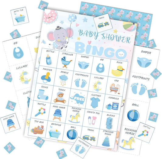 Baby Shower Bingo Game Cards Set for Guests Adults, Blue Elephant Baby Shower Party Bingo Game Gender Reveal Bingo Game for Family Friends Large Group Activity, Favors Supplies Decorations