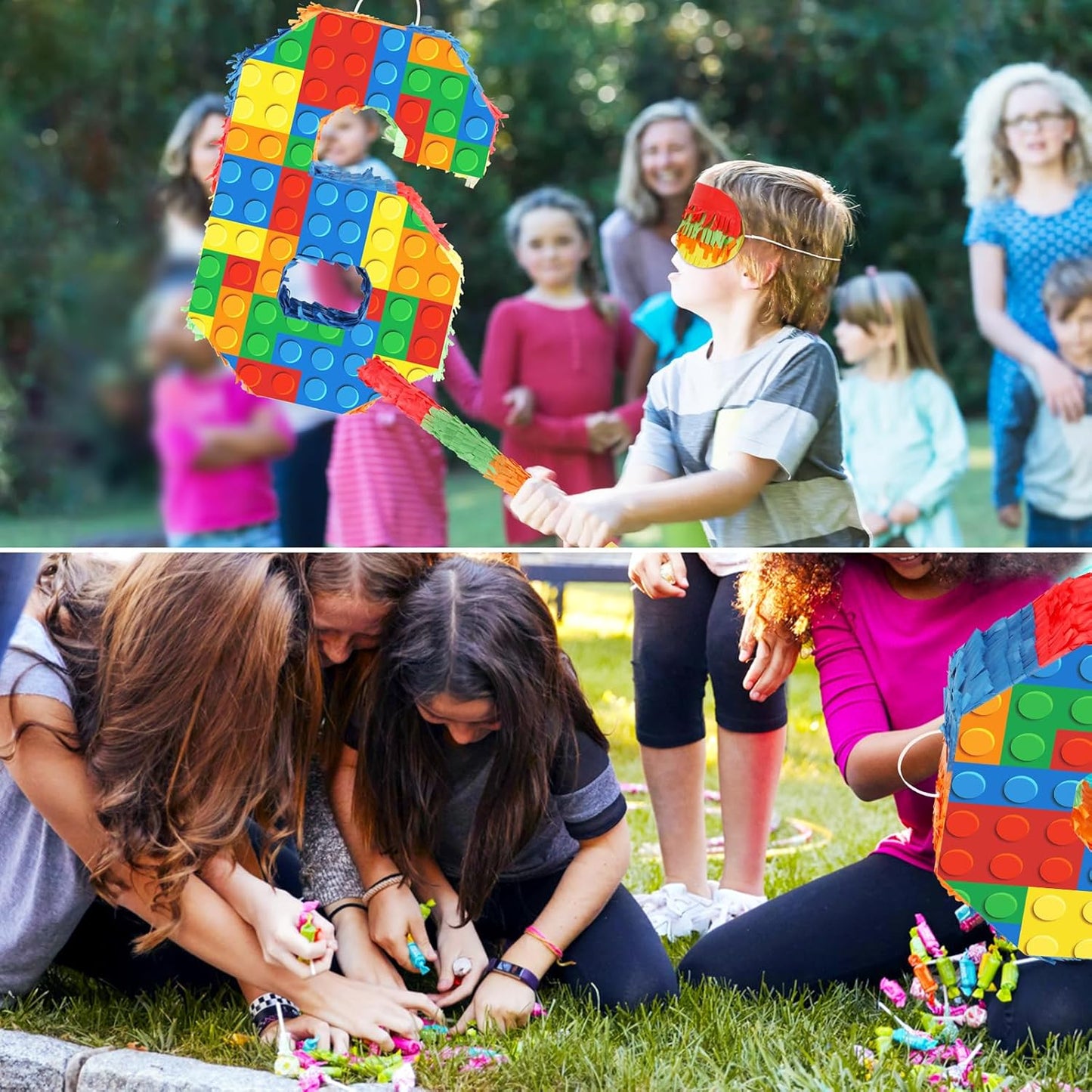 Number 7 Pinata Building Blocks with Pinata Stick Blindfold 7th Birthday Party Decorations Happy Birthday Building Block Theme Anniversary Party Supplies for Kids (Small, 16 x 10.6 x 3 in)