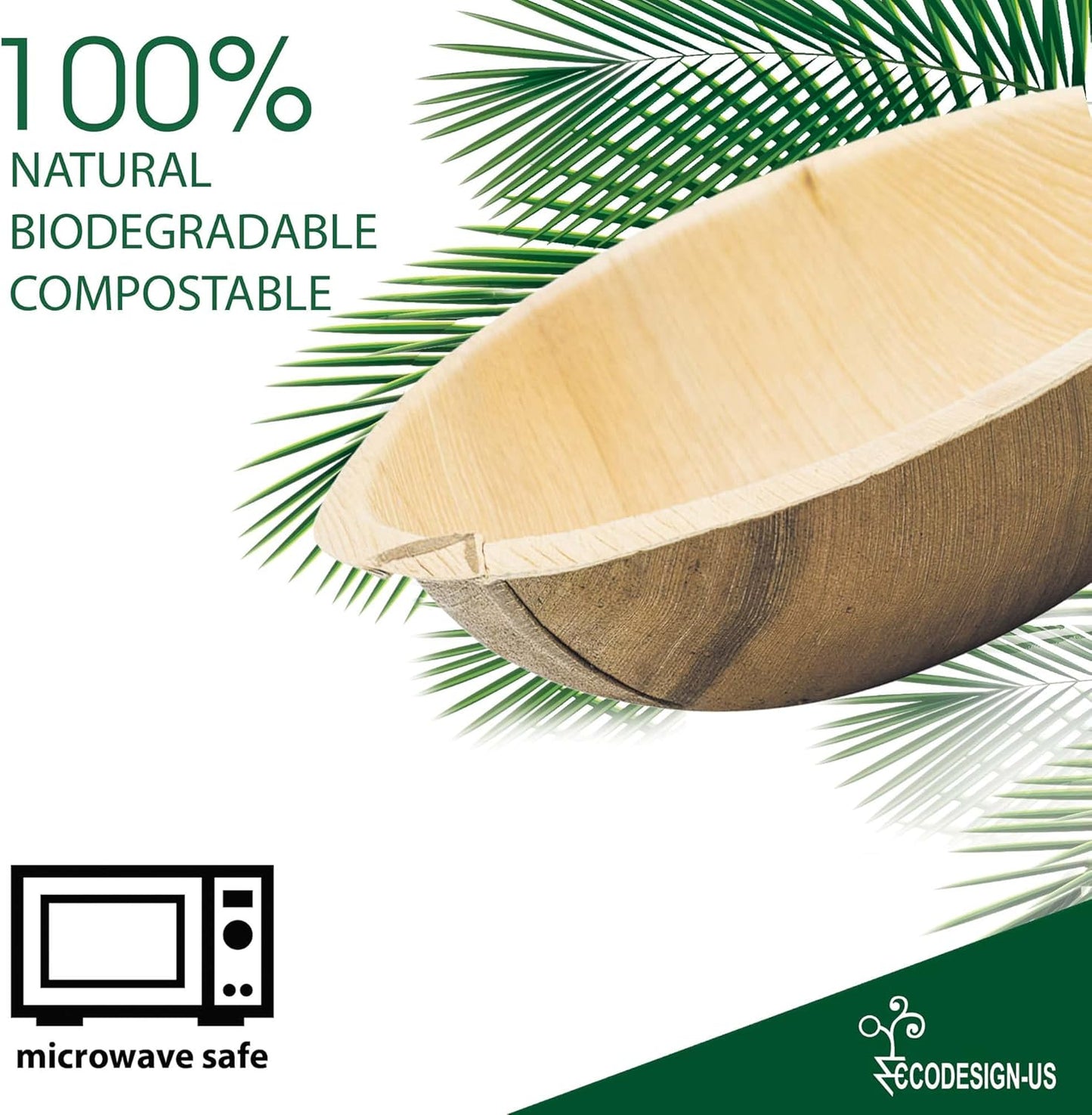 40 oz Palm Leaf Serving Bowls - 8 Natural Disposable Deep Bowls - Rustic-Style Dinnerware for Parties and Catering - Palm Leaf Alternative to Bamboo Plates