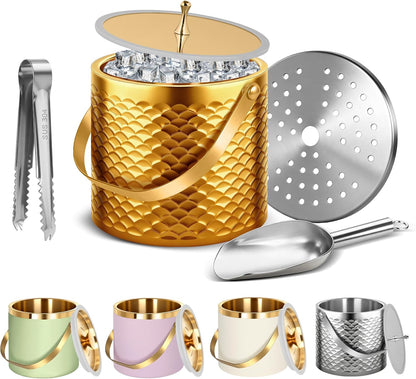 Ice Bucket, Ice Bucket with Silicone Sealing Ring Double-Wall Vacuum Insulation Champagne Buckets with Filter Layer Ice Tongs Ice Scoop (Gold, 3 L)