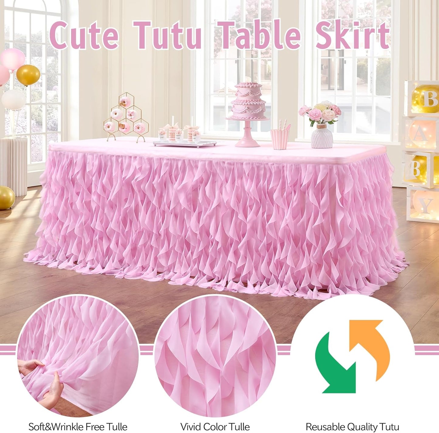 leegleri 6FT Tulle Ruffle Curly Willow Table Skirt for Rectangle or Round Tables, Under The Sea Ocean Blue Baby Shark Themed Tutu Table Skirt for Baby Shower, Birthday Party