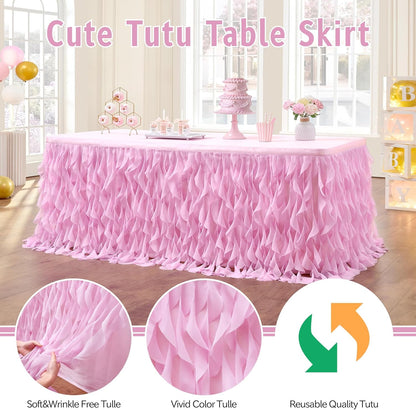 leegleri 6FT Tulle Ruffle Curly Willow Table Skirt for Rectangle or Round Tables, Under The Sea Ocean Blue Baby Shark Themed Tutu Table Skirt for Baby Shower, Birthday Party