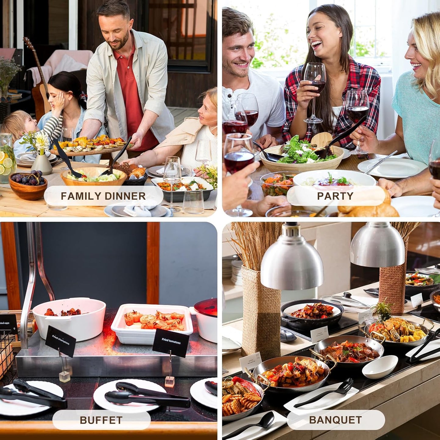 Mwellewm 18Pcs Serving Utensils, 10'' Plastic Serving Utensils Set, Disposable Serving Spoons for Buffet, Large Serving Tongs for Food, Heavy Duty Party Supplies for Salad Soup Cooking Catering(Black)