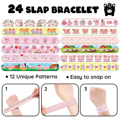 96 PCS Pig Party Favors Set – 72 Pre-Cut Temporary Tattoos & 24 Slap Bracelets for Kids, Cute Farm Birthday Decorations, Barnyard Party Supplies & Classroom Rewards