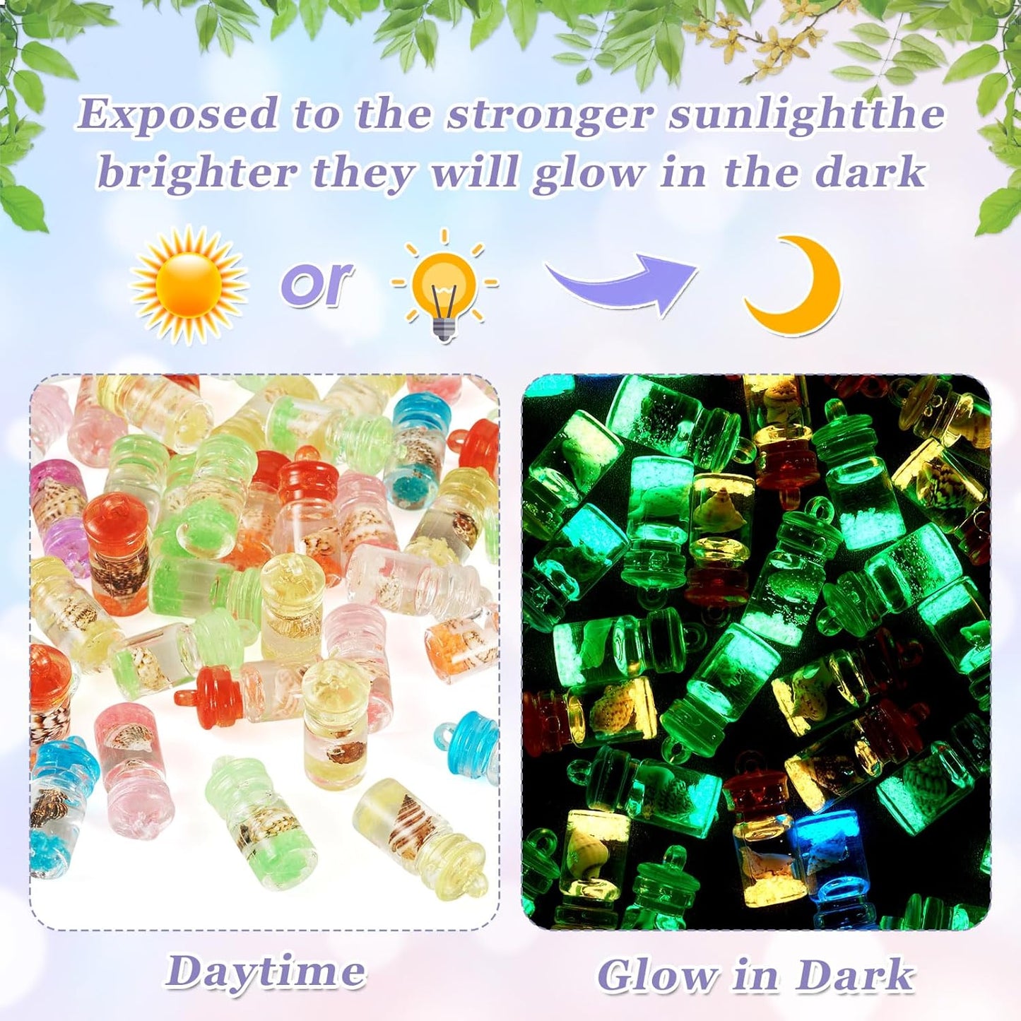 FASHEWELRY 50Pcs Glow in the Dark Resin Wishing Bottle Charms Mystery Jewelry Jar for Glow Bracelets and Necklaces Shell Mini Fairy Dust Necklace Charms for Keychain Earring