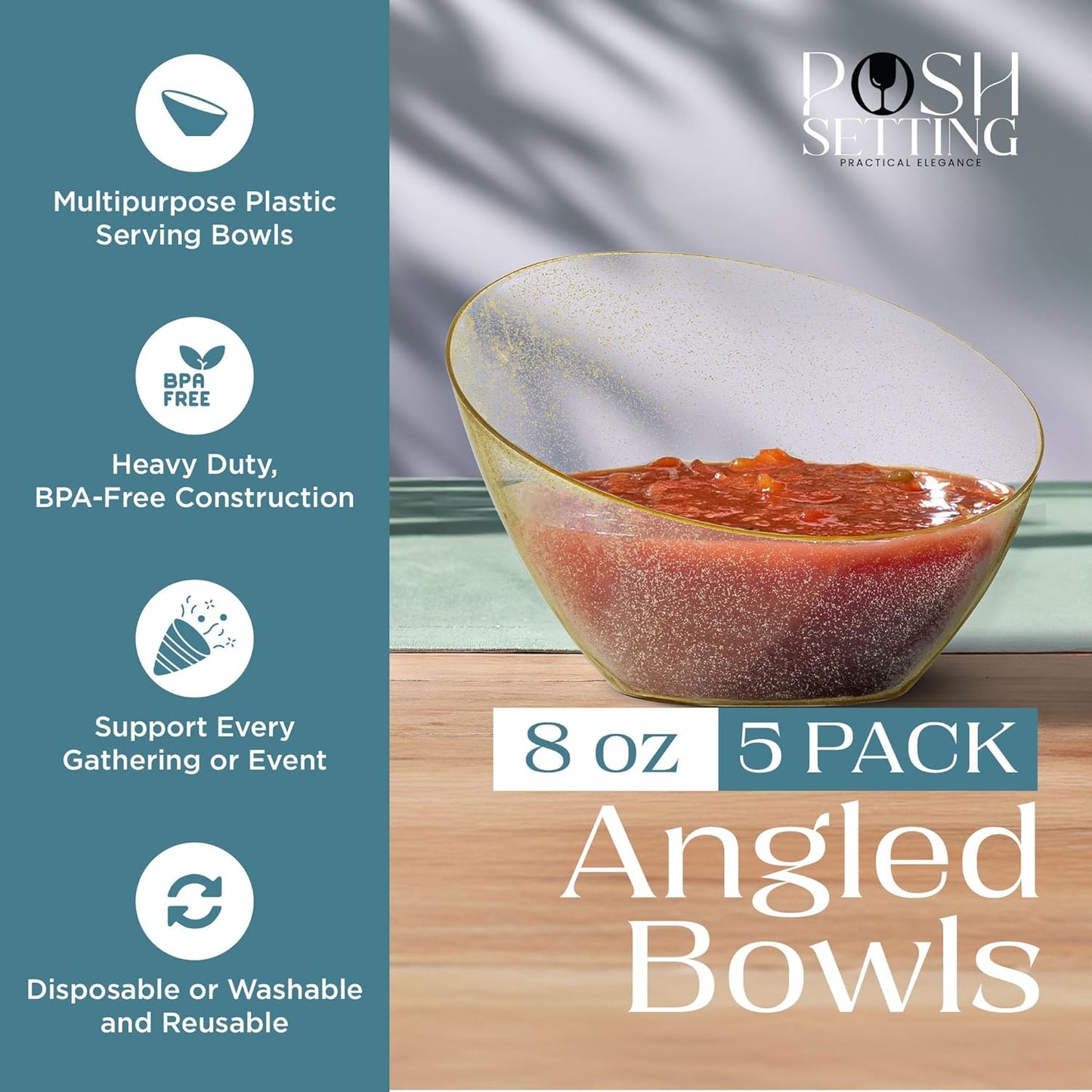 Posh Setting Crystal Clear, Disposable Premium Hard Plastic Medium Angled Bowl, Party, Salad, Snack and Fruit Bowl 5 Pack