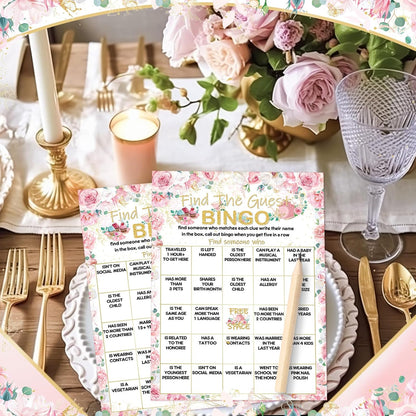 Pasimy 50 Pcs Find the Guest Game Bingo Cards with 20 Pcs Pencils Bridal Shower Wedding Bingo Game Pink Flower Tea Party Activity Favor Supply for Engagement Birthday Baby Shower Bachelorette, 5"x7"