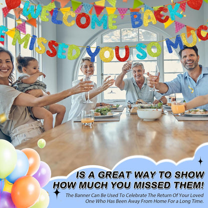 Fulmoon Pre Strung Welcome Back We Missed You So Much Banner, NO DIY, Glitter Welcome Home Celebration Decorations Family Gathering, Back to School, Military Homecoming Decoration(Dark Blue)