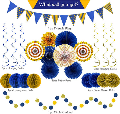 24PCS Patriotic Decorations 4th of July Decorations Set Red White Blue Hanging Paper Fans USA Flag Pennant Pom Poms Hanging Swirls Party Supplies for Memorial Day Independence Veterans