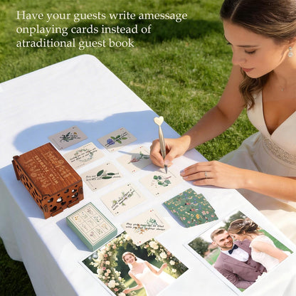 54 PCS Personalized Wedding Guest Book Alternative, Floral Wedding Guest Playing Cards Set with Wooden Openwork Storage Box, Wildflower Wedding Book Ideas, Guest Card Deck for Wedding Bridal Shower