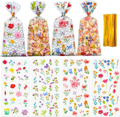 Soarvita Wildflower Cellophane Treat Bags: 50Pack Clear Plastic Floral Goodie Bags with 60 Ties for Cookies Snacks & Gift Packaging, Spring Candy Bag for Baby Bridal Shower Wedding Party Favors