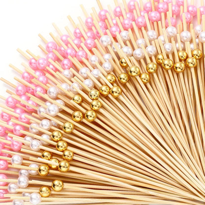 Reallnaive 600 Pcs Cocktail Pick Pearl Fancy Toothpick for Appetizer 4.7 Inch Long Skewer for Drink Fruit Food Bamboo Stick Wedding Bridal Shower Decoration Charcuterie Accessories (White)
