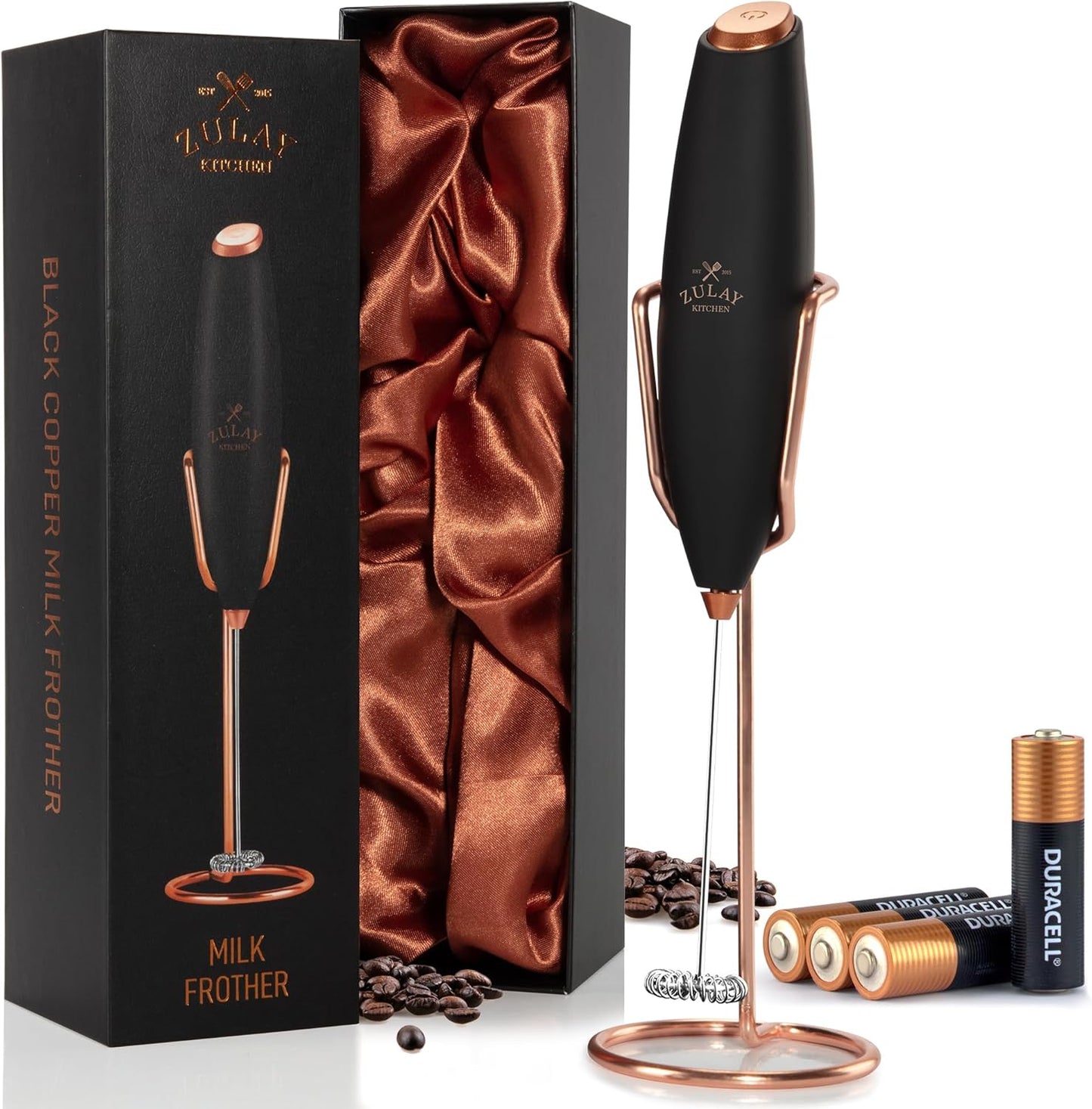 Zulay Kitchen Powerful Milk Frother Wand With Duracell Batteries - Ultra Fast Handheld Drink Mixer - Electric Whisk Foam Maker for Coffee, Lattes, Cappuccino & Matcha - Z1 Motor - Black - Colors B