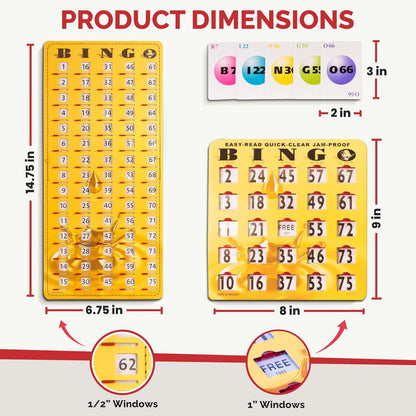 MR CHIPS Jam-Proof Bingo Cards with Sliding Windows, 25 Reusable Shutter Cards, 75 Calling Cards 1 Master Board in Tan Woodgrain Style