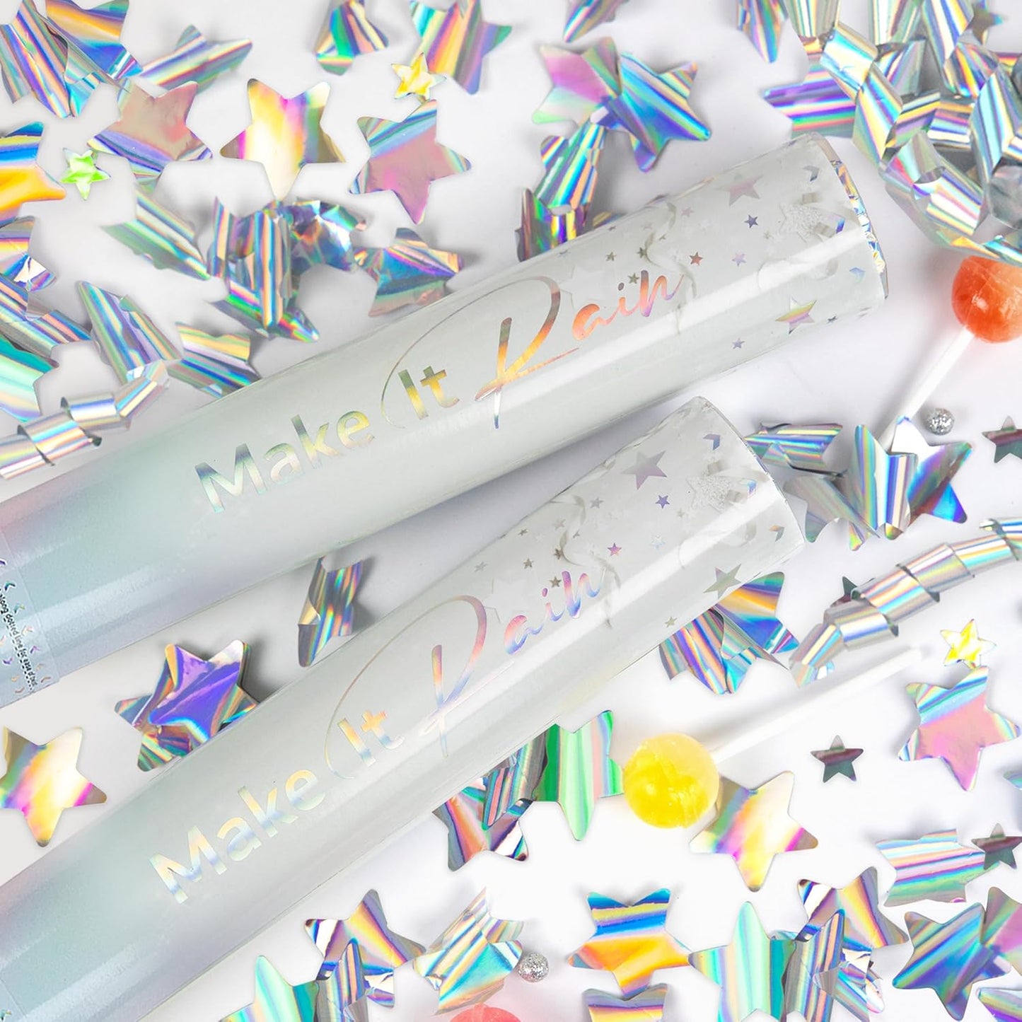 PrimePure Confetti Cannon Party Poppers - Holographic Silver Stars Confetti Popper - 2 Pack - Party Cannon Silver Glitter Star Pop Gun for Birthday, Wedding, Graduation, Celebration, Pranks