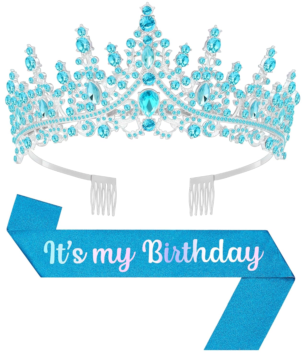 Birthday Tiara and Crown with Sash, Birthday Tiara for Women Party Silver